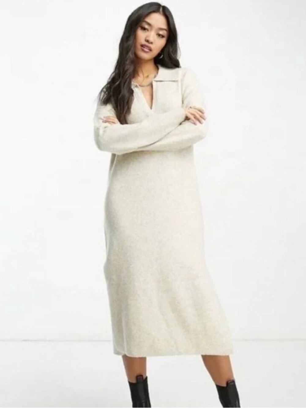 Abercrombie & Fitch Cream Collared Log Sleeve Midi Sweater Dress size X Small